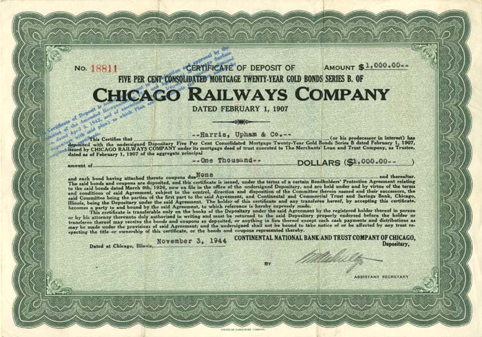 Chicago Railways Co. - $1,000 Bond